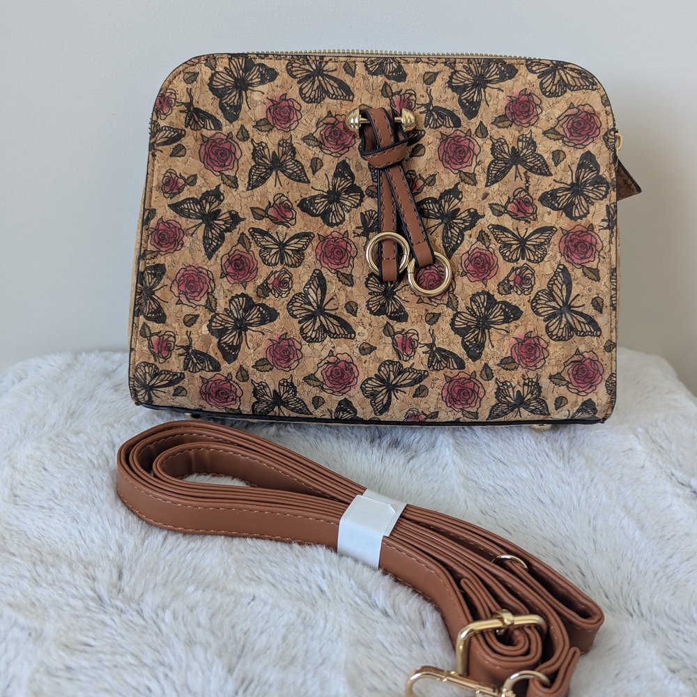 Floral and Butterfly Print Tan Crossbody Bag